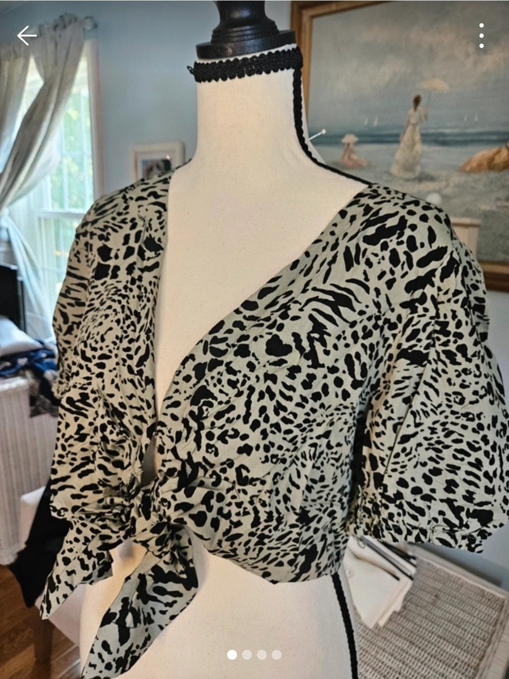 Tie-Front Animal Print Crop Top in Black and Cream